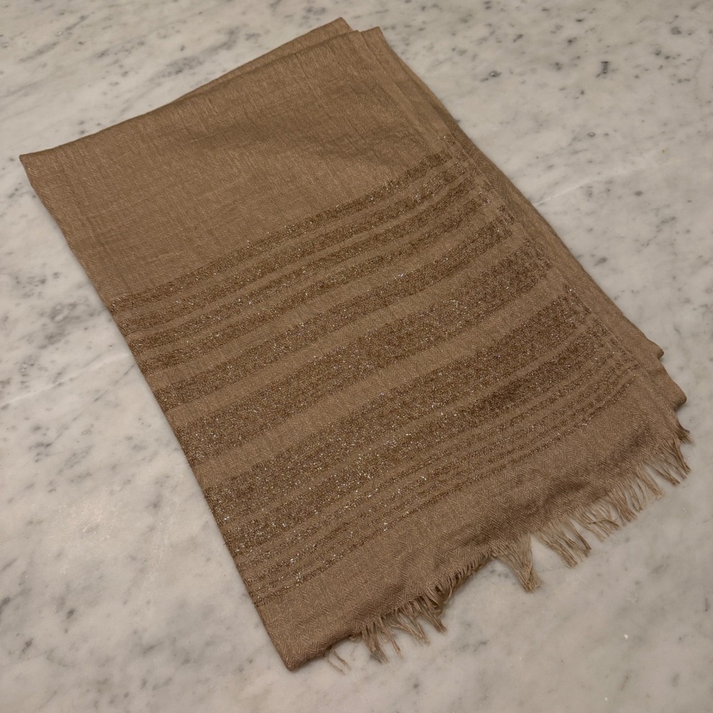 Oversized Metallic Gold Taupe Scarf Wrap Shawl Herringbone Fringe 27x76